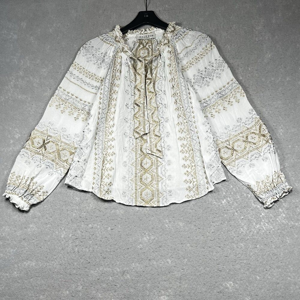 Hale Bob White and Gold Embroidered Peasant Blouse